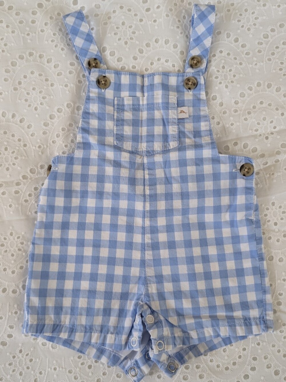 Tommy Bahama Blue and White Gingham Kids Romper With Collared Under Shirt